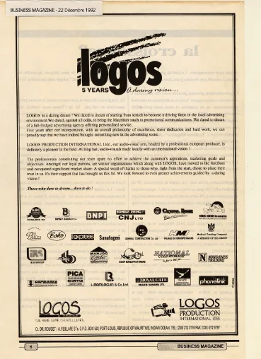 Business Mag 5th anniversary thank-you, 1992, Logos, Corporate communication, Logos Publicity Ltd, Mauritius