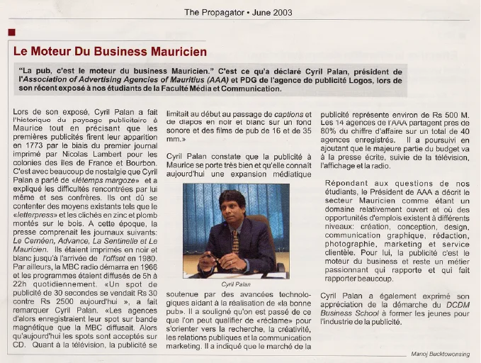 The Propagator: advertising’s Mauritian history, 2003, Logos, Press excerpts, Logos Publicity Ltd, Mauritius