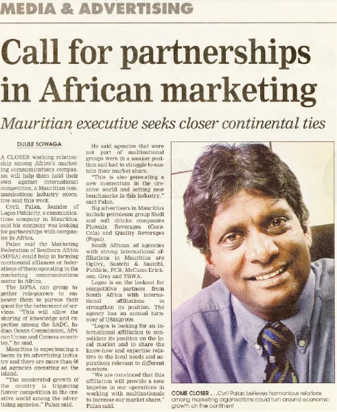 Call for partnerships in African marketing, 2004, Logos, Press excerpts, Logos Publicity Ltd, Mauritius