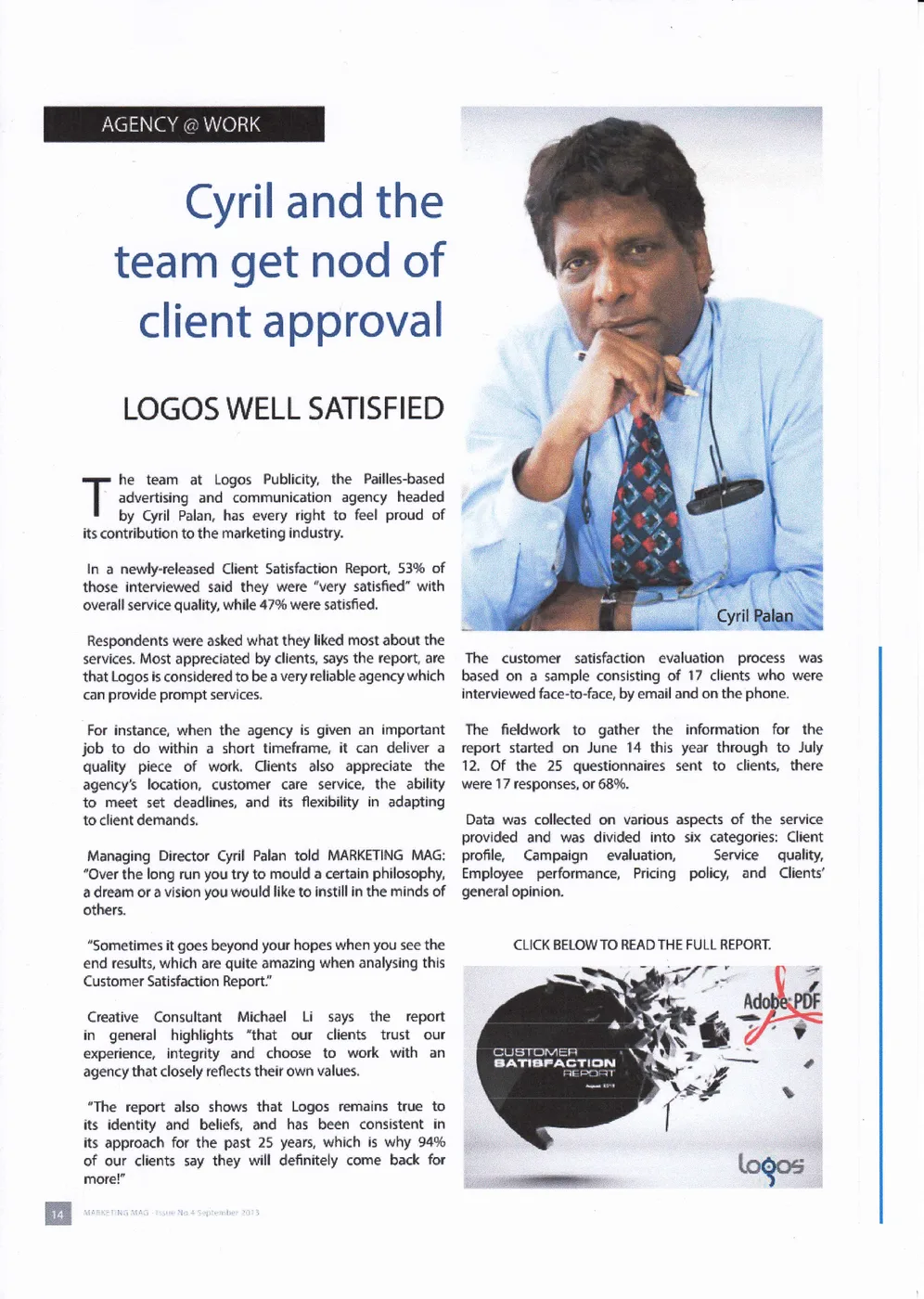 Marketing Mag: Client satisfaction report, 2013, Logos, Press excerpts, Logos Publicity Ltd, Mauritius