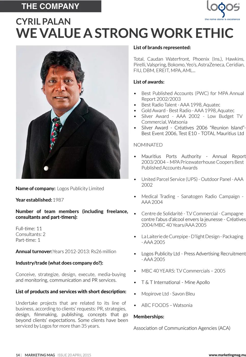 Marketing Mag: Logos company profile, 2015, Logos, Press excerpts, Logos Publicity Ltd, Mauritius