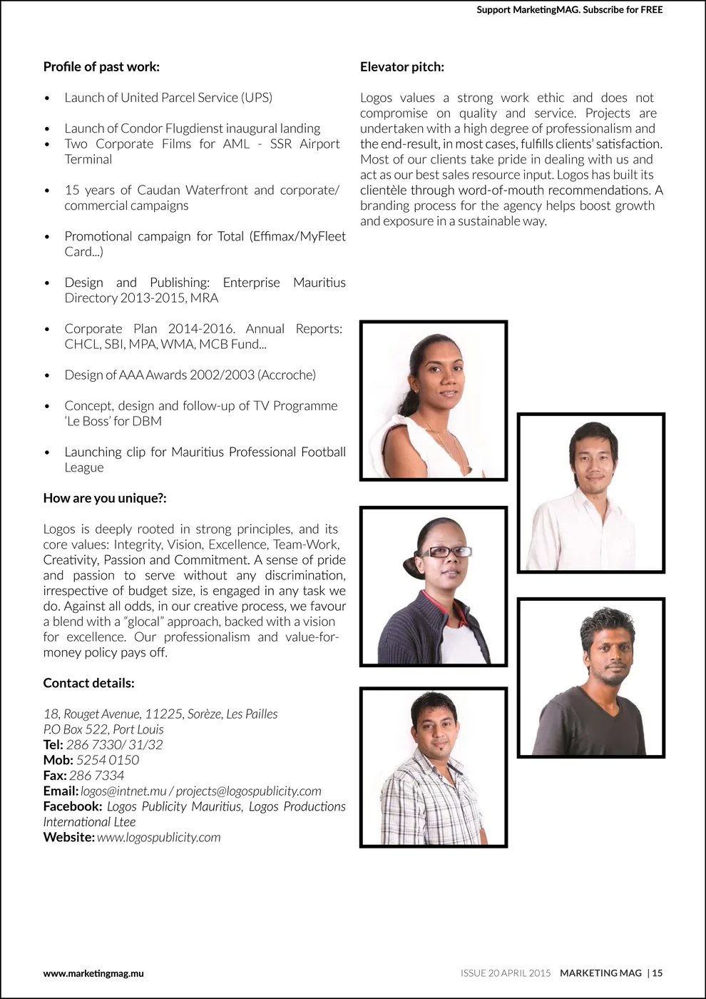 Marketing Mag: Logos projects and faces, 2015, Logos, Press excerpts, Logos Publicity Ltd, Mauritius