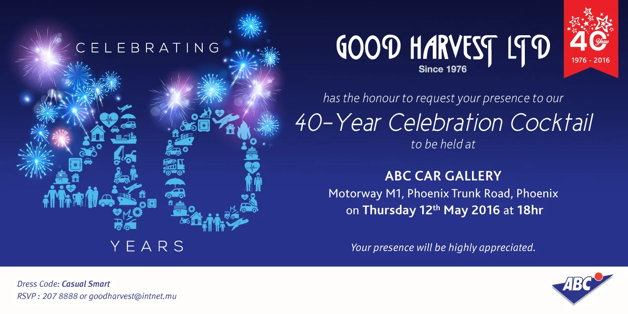 Good Harvest 40-year celebration invitation, 2016, Good Harvest, Campaigns, Logos Publicity Ltd, Mauritius