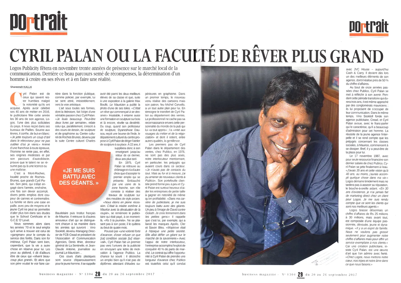 Business Magazine: rêver plus grand, 2017, Logos, Press excerpts, Logos Publicity Ltd, Mauritius