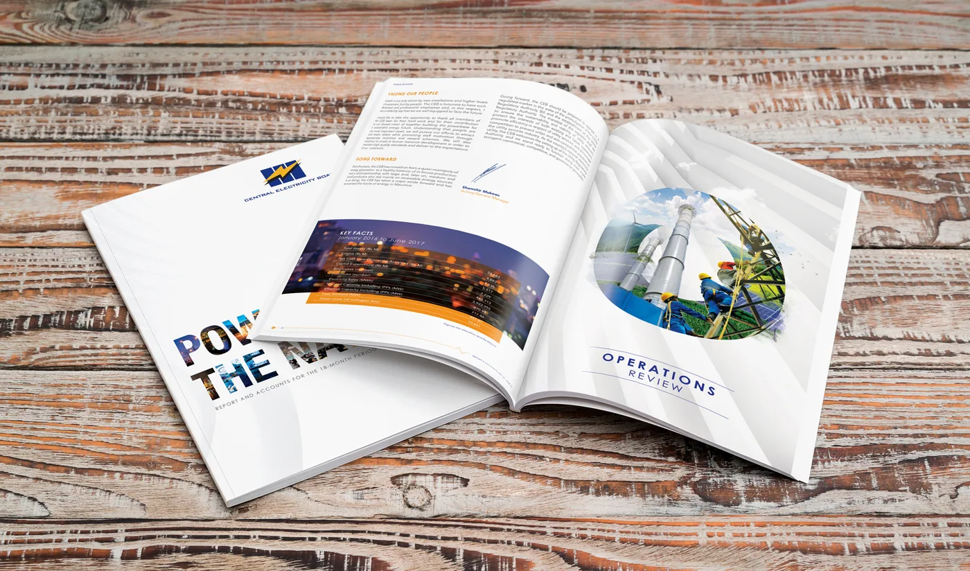 CEB “Powering the Nation” — opening spread, 2017, CEB, Annual reports, Logos Publicity Ltd, Mauritius