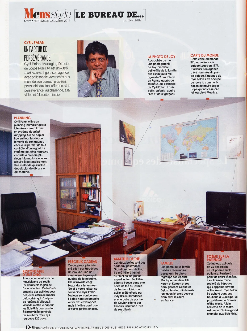 Men’s Style: Le bureau de Cyril Palan, 2017, Logos, Press excerpts, Logos Publicity Ltd, Mauritius