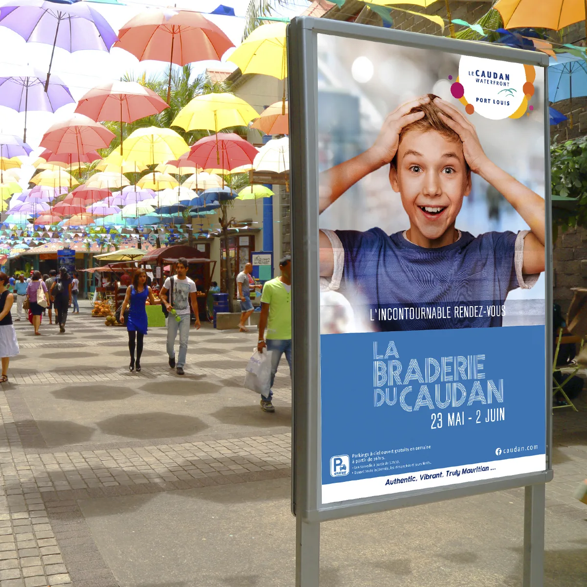 Caudan Braderie under umbrellas, Caudan, Outdoor & signage, Logos Publicity Ltd, Mauritius
