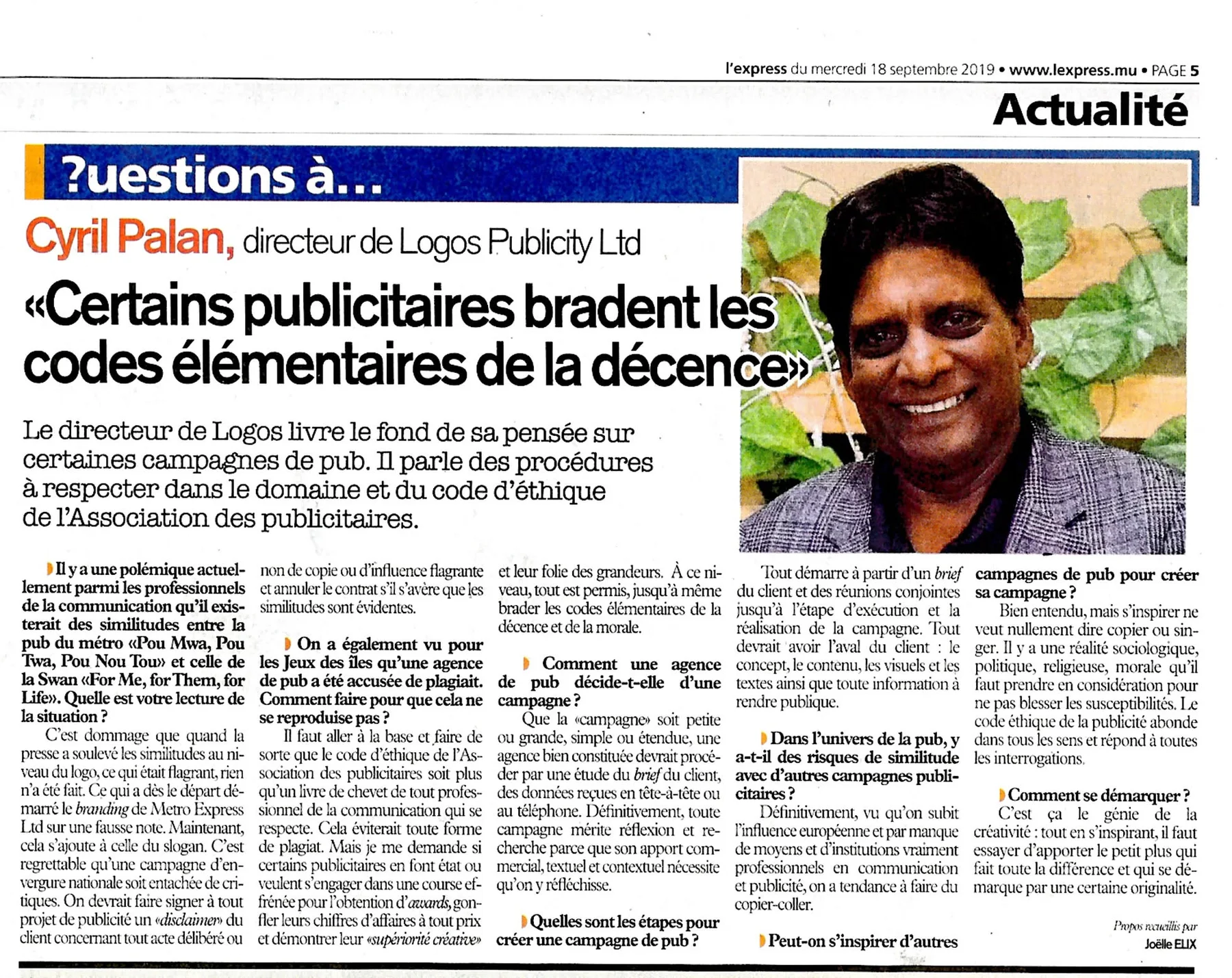 L’Express: Advertising and basic decency, 2019, Logos, Press excerpts, Logos Publicity Ltd, Mauritius