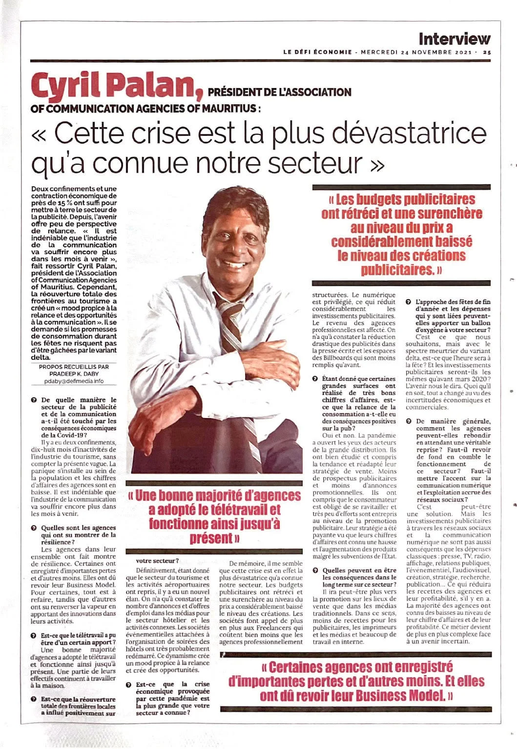 Le Défi: The most devastating crisis our sector has known, 2021, Logos, Press excerpts, Logos Publicity Ltd, Mauritius