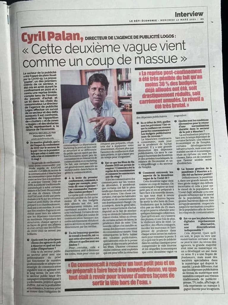 Le Défi: A second wave hits advertising, 2021, Logos, Press excerpts, Logos Publicity Ltd, Mauritius