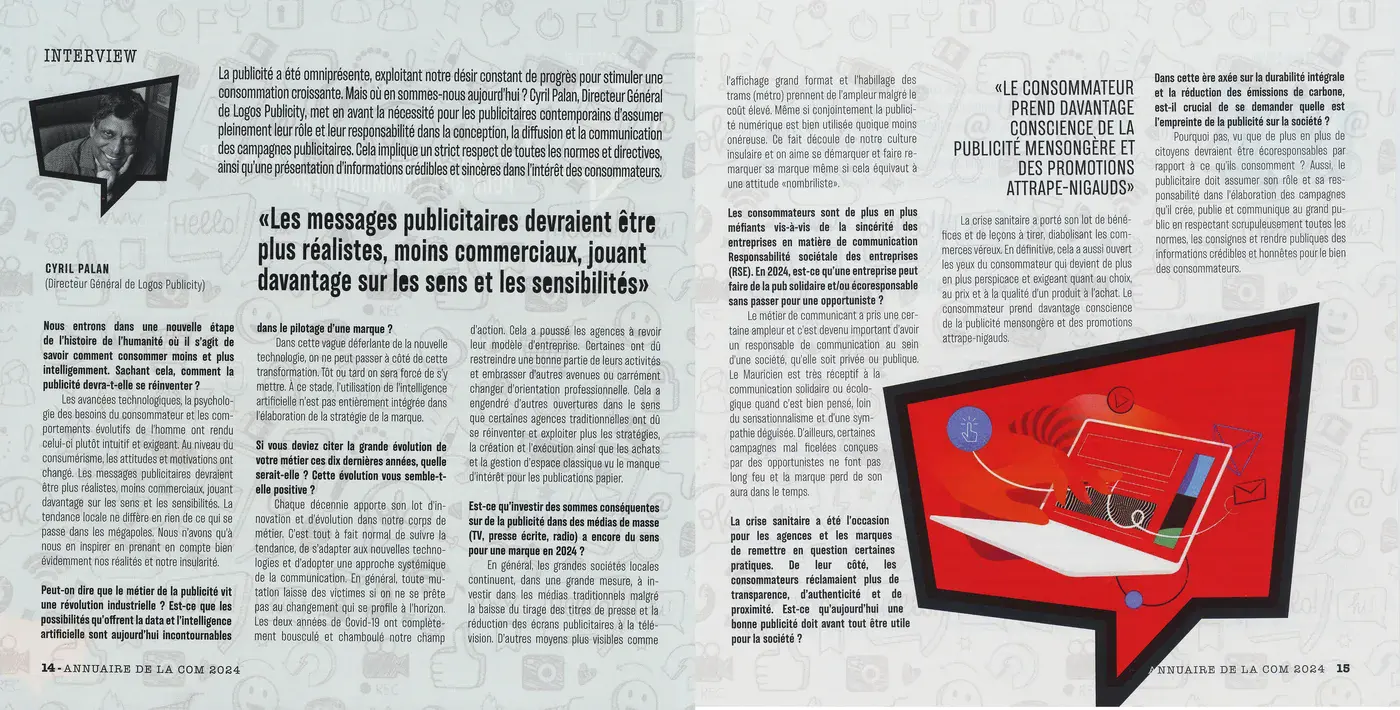 Annuaire de la Com 2024 interview with Cyril Palan about realistic and responsible advertising, 2024, Logos, Press excerpts, Logos Publicity Limited, Mauritius