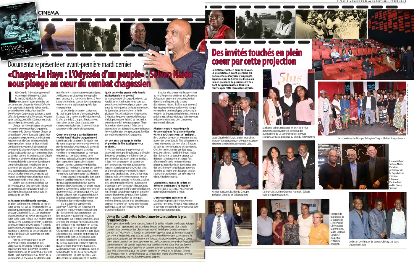 5-Plus Dimanche feature on Chagos – La Haye, l’Odyssée d’un Peuple and its premiere, 02–08 August 2026, Chagos, Press excerpts, Logos Publicity Limited, Mauritius
