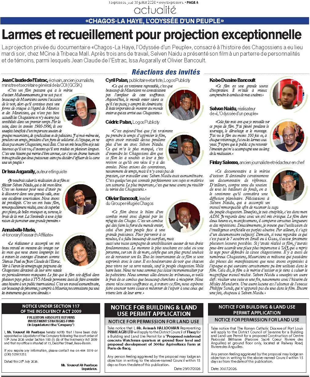 L’Express coverage of the Chagos – La Haye documentary premiere, 30 July 2026, Chagos, Press excerpts, Logos Publicity Limited, Mauritius
