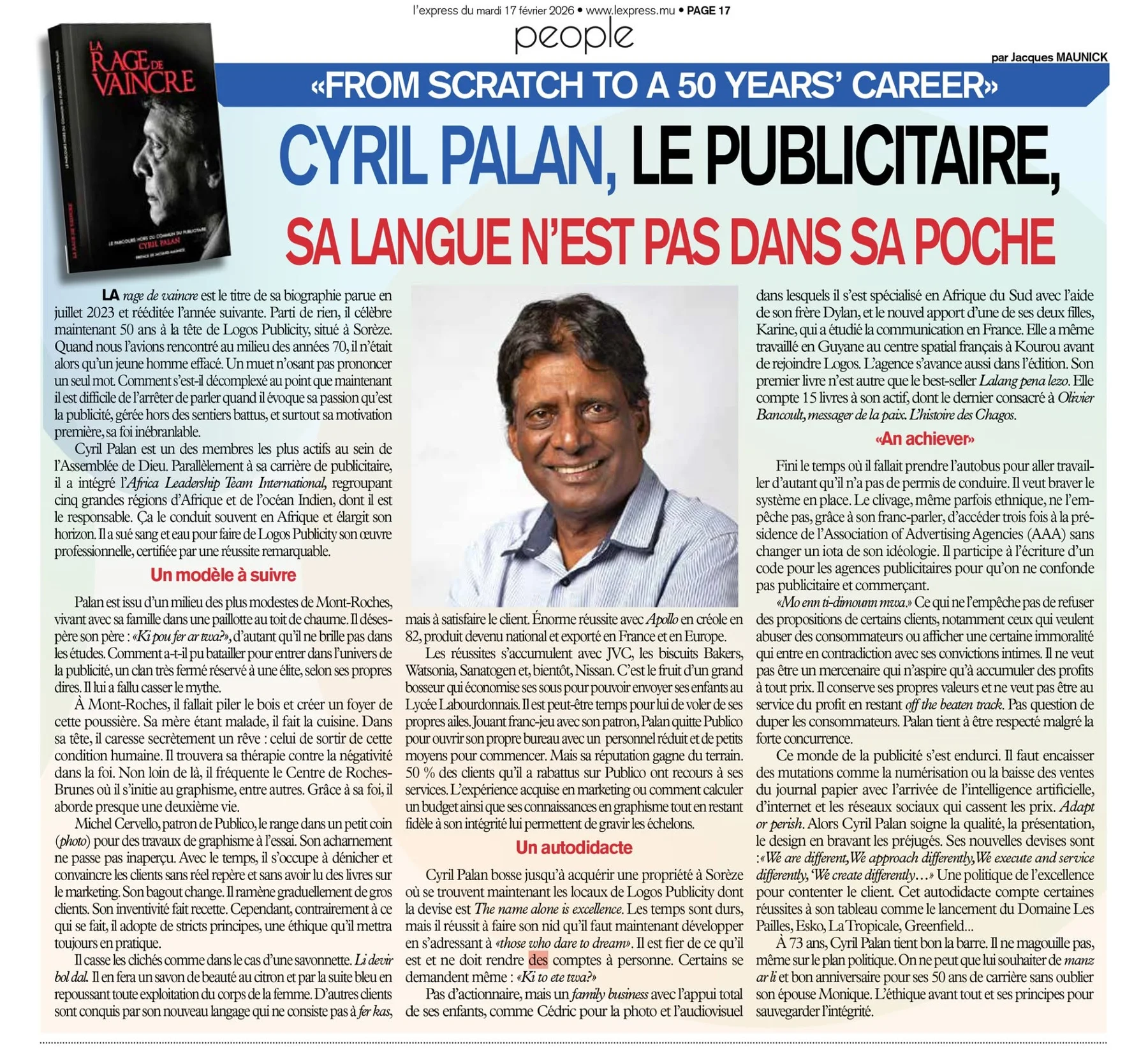 L’Express: From scratch to a 50-year career, 2026, Logos, Press excerpts, Logos Publicity Ltd, Mauritius