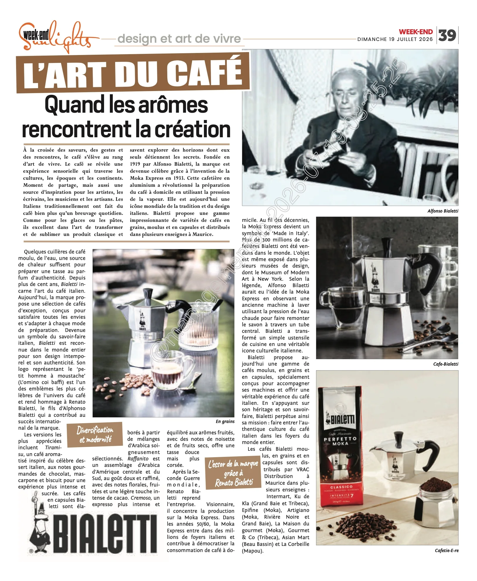 Week-End: The art of Bialetti coffee, 2026, Bialetti, Press excerpts, Logos Publicity Ltd, Mauritius