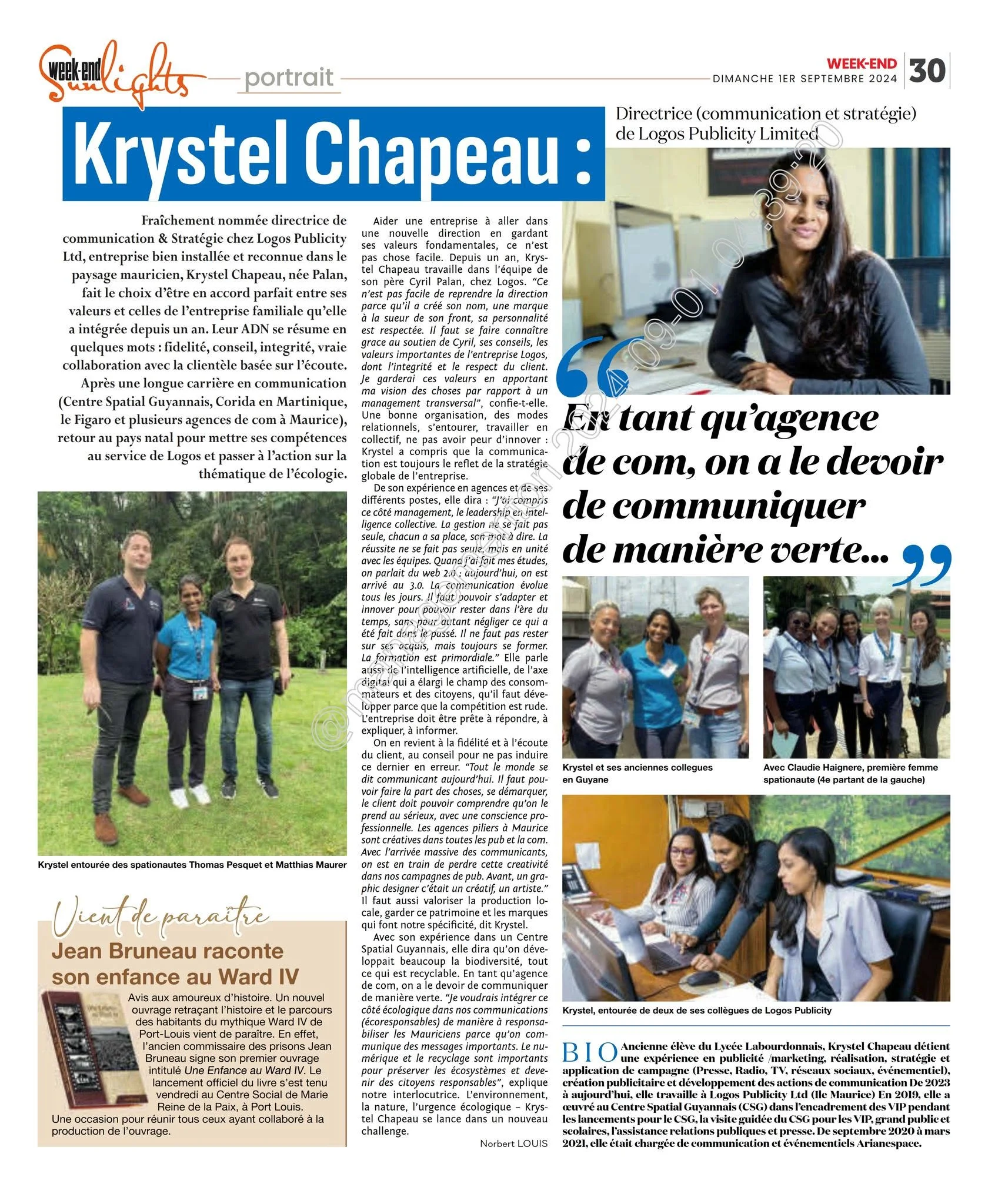 Week-End: Krystel Chapeau communicates differently, 2024, Logos, Press excerpts, Logos Publicity Ltd, Mauritius