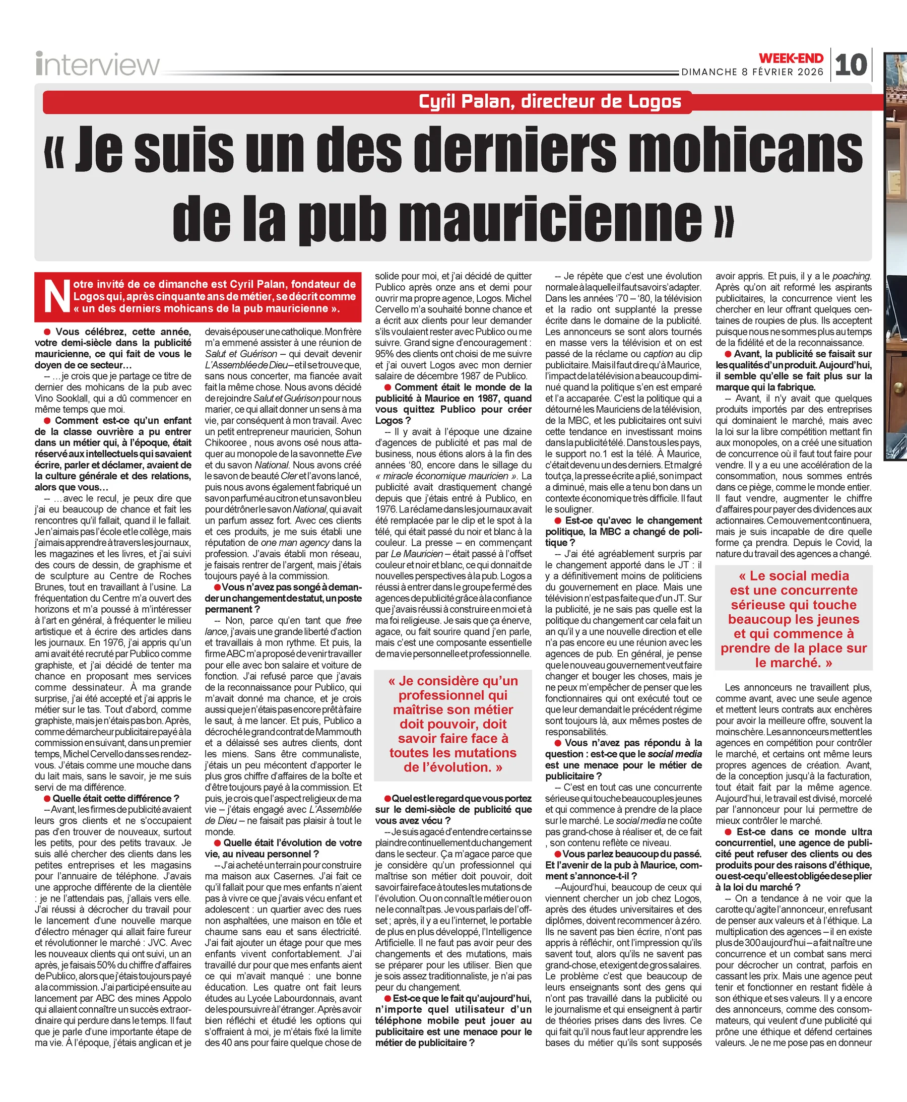 Week-End: One of the last advertising Mohicans, part 1, 2026, Logos, Press excerpts, Logos Publicity Ltd, Mauritius