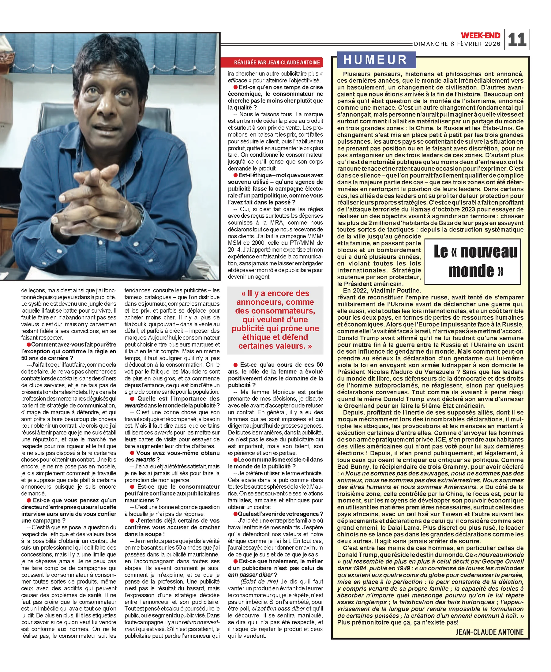 Week-End: One of the last advertising Mohicans, part 2, 2026, Logos, Press excerpts, Logos Publicity Ltd, Mauritius