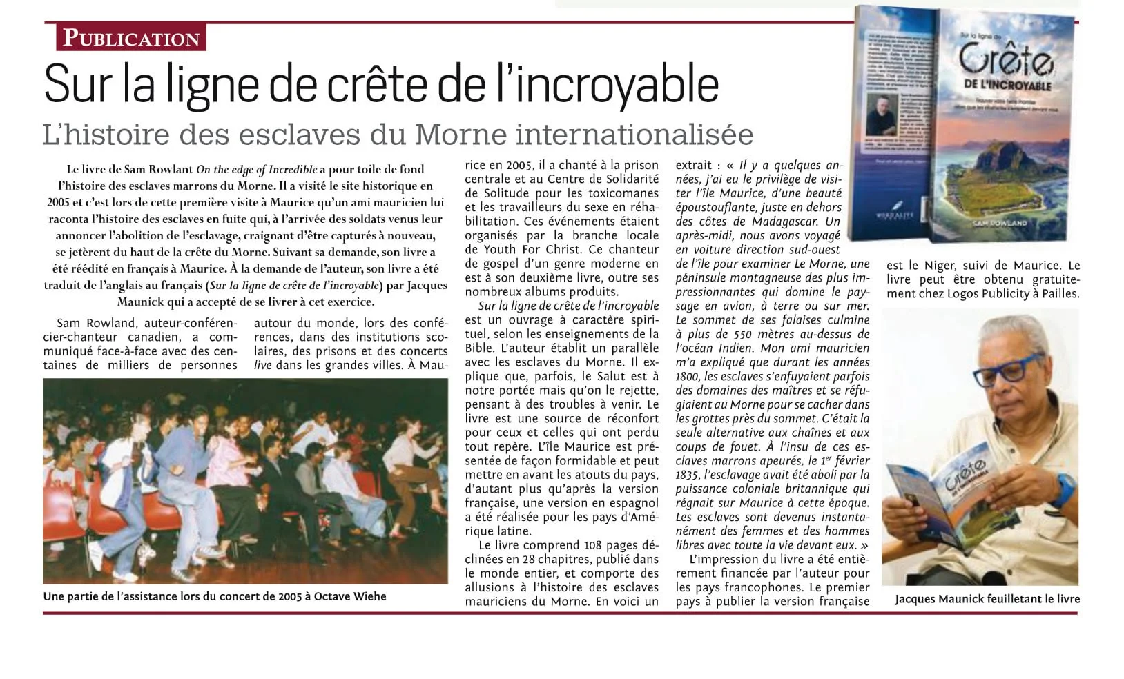 Sur la ligne de crête de l’incroyable, Logos, Press excerpts, Logos Publicity Ltd, Mauritius